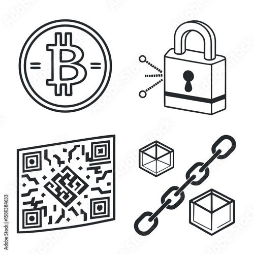 Bitcoin blockchain security and data encryption icons for digital currency and technology