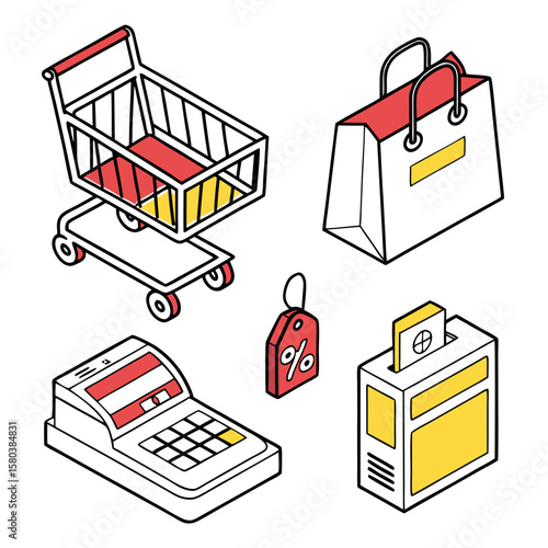 Isometric shopping cart shopping bag cash register price tag and ballot box icons