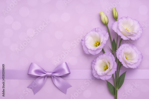 Soft lilac festive backdrop featuring a silk ribbon and a bouquet of eustoma flowers