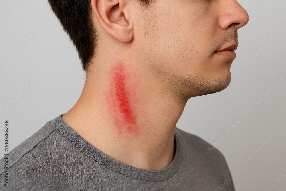 Obraz premium Young man experiencing right neck rash caused by Paederus beetle