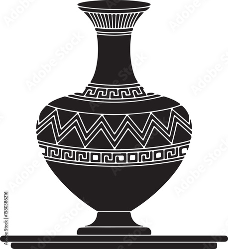 Black ancient amphora with geometric patterns black and white