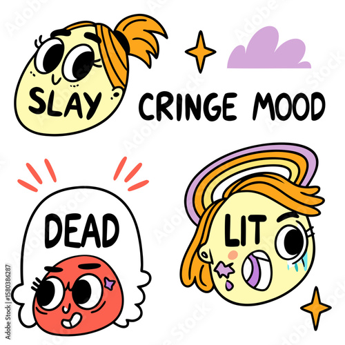 Vector art of cartoon emojis with slang words like slay, cringe, mood, dead, and lit