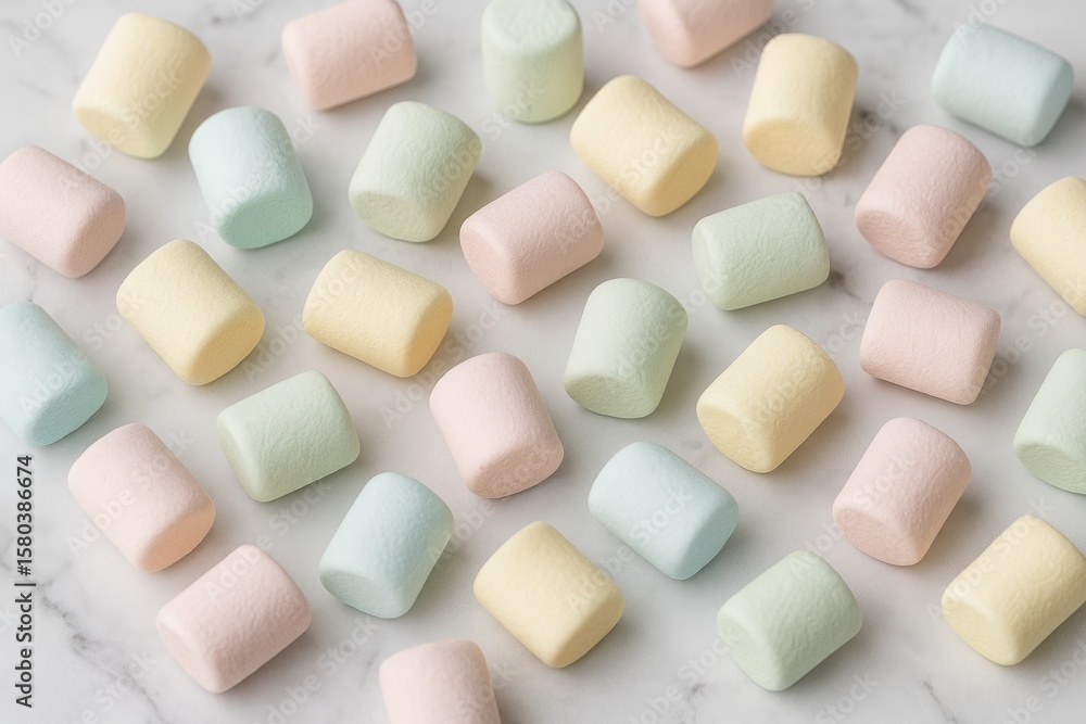 Close-up of pastel-colored marshmallows on a marble surface Close-up of pastel-colored marshmallows on a marble surface