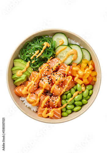 Isolated Close Up Poke Bowl with Salmon Avocado and Sesame Seeds