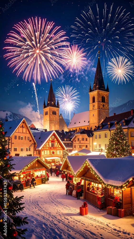 Naklejka premium Snowy Christmas market, fireworks over church
