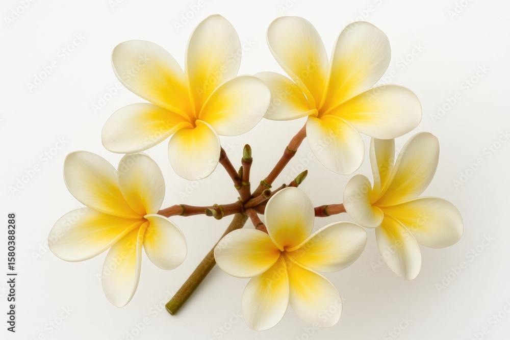 Fototapeta premium Single plumeria blossom displayed against a plain white backdrop