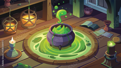 A witch's room with a cauldron bubbling with green potion and candles illuminating the scene indoors