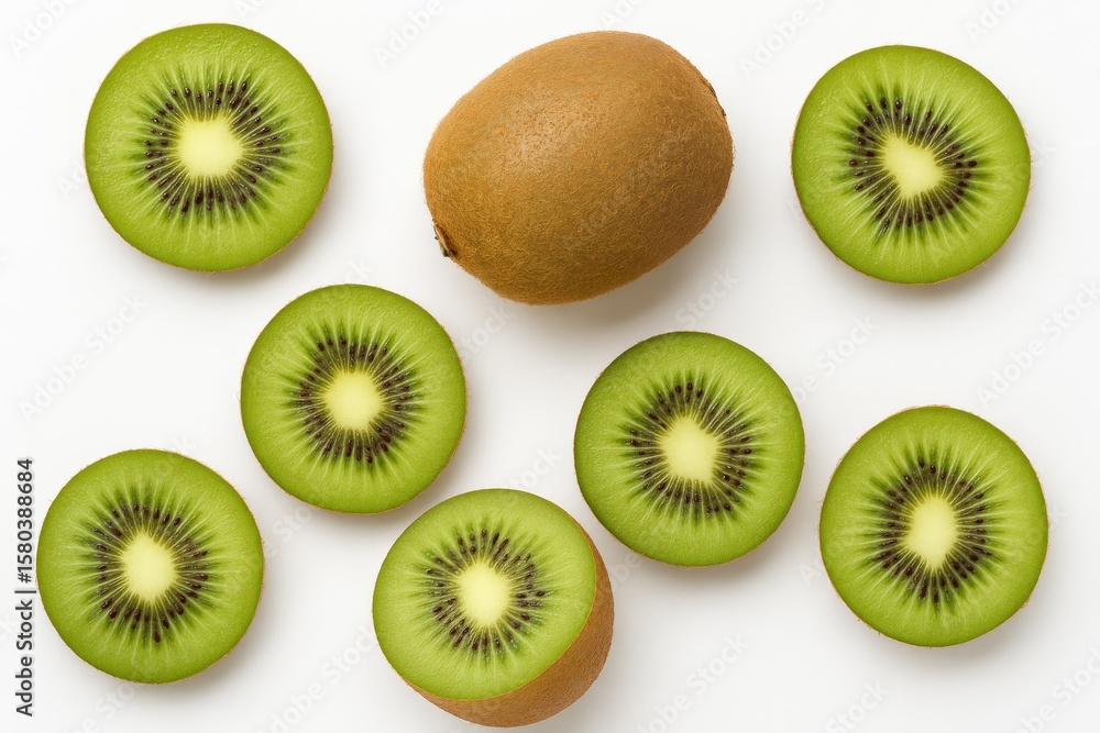 Fototapeta premium Close-up of sliced kiwi fruit on a white background from a top-down perspective