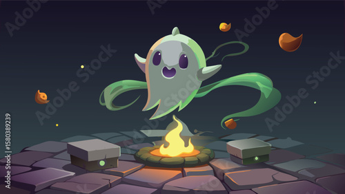 Cartoon ghost hovering over a campfire on a stone platform in a dark and mystical environment