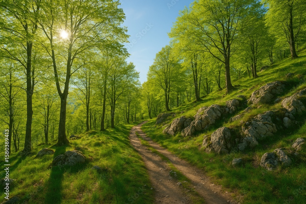 Fototapeta premium Bright and sunny spring scenery featuring a rugged forest with winding trails and lush greenery