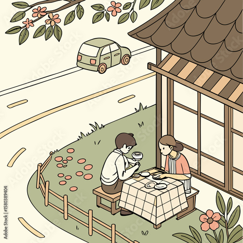 Illustration of a couple having tea outside a building with a car and tree branch in the background