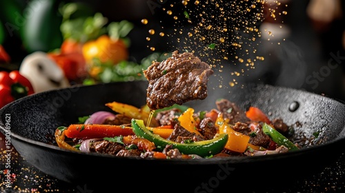 Fototapeta Naklejka Na Ścianę i Meble -  Beef fajitas gourmet Mexican cuisine featuring succulent meat chunks and multicolored bell peppers frozen in motion with seasoning particles creating dramatic effect