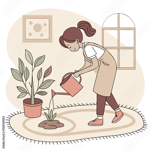 A cartoon style illustration of a woman watering plants in a room with a rug and window indoors