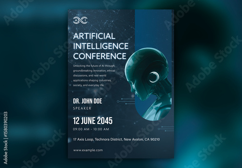 Artificial Intelligence Conference A4 Flyer – Futuristic AI Event Layout for Tech Summits & Seminars (CMYK, Print-Ready)