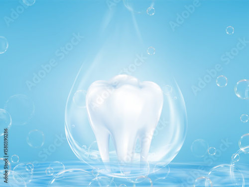 Healthcare,Doctors day concept,3d realistic white tooth in water drop, bubbles and light on blue water background.Dental health care,Oral hygiene,Protection and whitening,Vector illustration 3d mesh