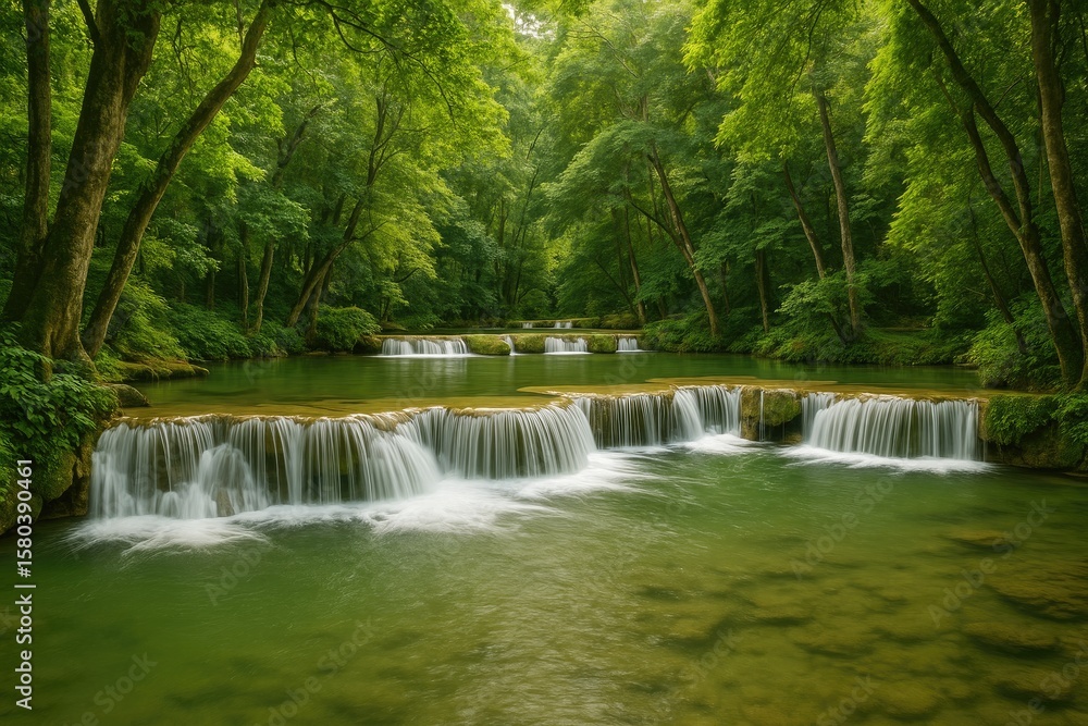 Obraz premium Scenic view of a waterfall surrounded by lush tropical forest in a national park