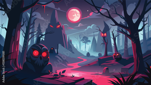 A spooky landscape with a skull statue, ominous trees, and a red moon illuminating the eerie scene