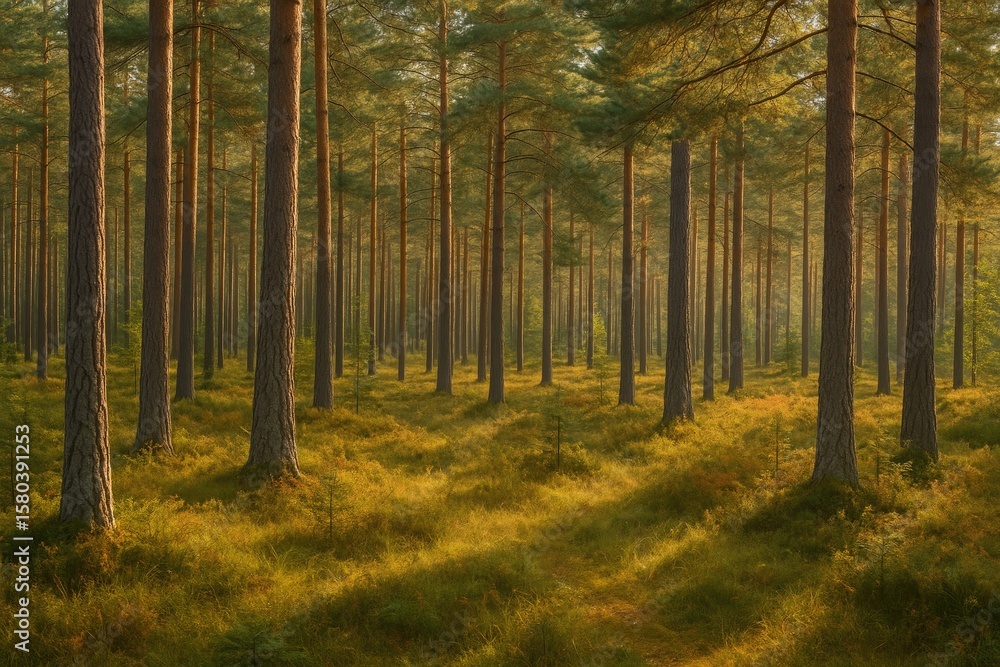 Fototapeta premium Early autumn scene in a pine woodland