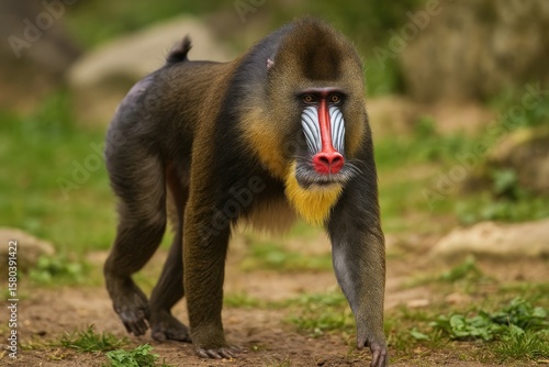 A mandrill strolling peacefully