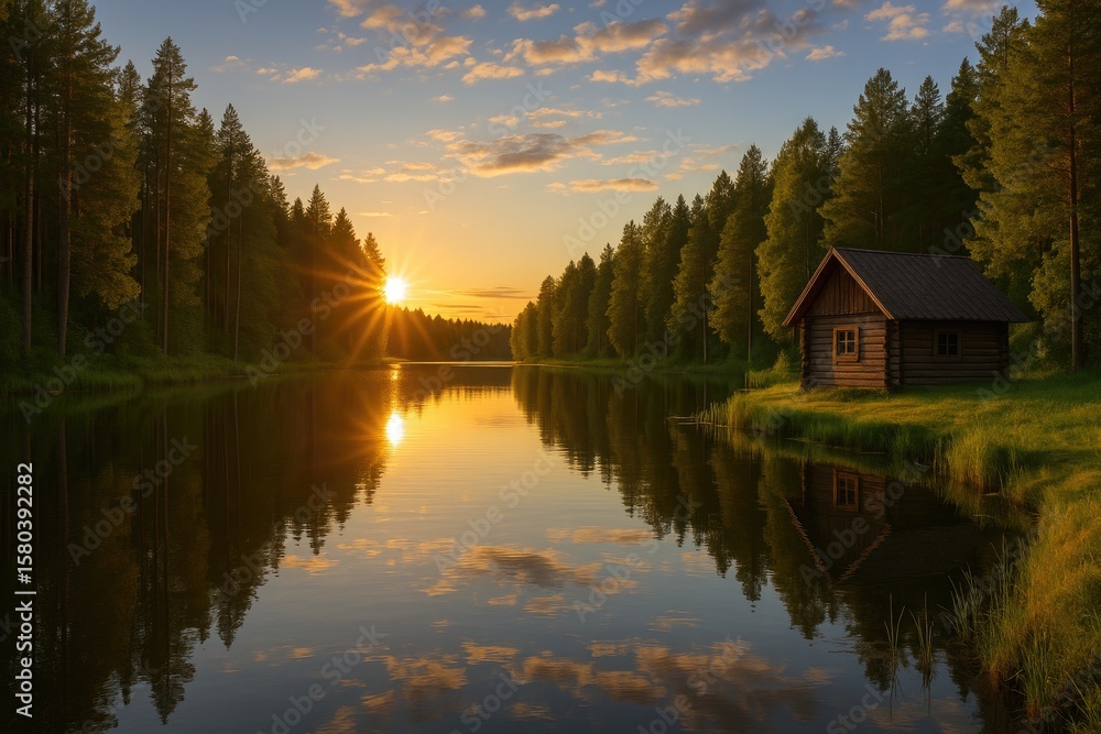 Fototapeta premium Evening by the forest lake with a summer backdrop