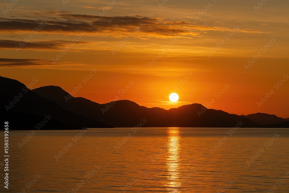 Sunset Over Mountain Ranges and Ocean Horizon in a Scandinavian Region Sunset Over Mountain Ranges and Ocean Horizon in a Scandinavian Region