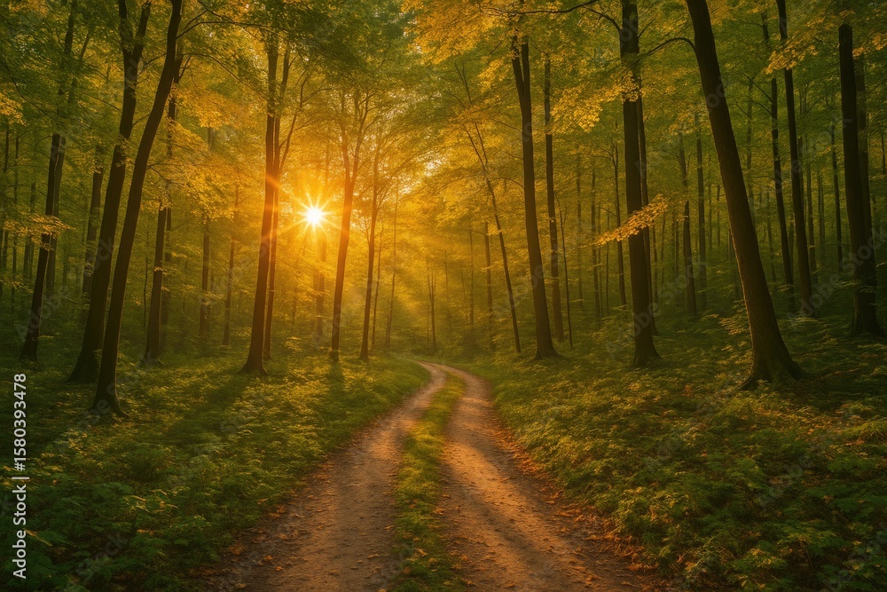 Fototapeta premium Autumn evening glow over lush green woodland