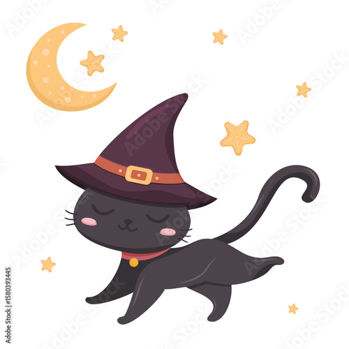 Vászonkép black cat in a witch hat with crescent moon and yellow stars, flat style, Hallow