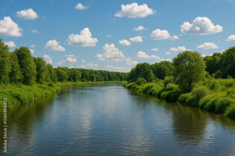 Obraz premium The stream meanders through lush green shores