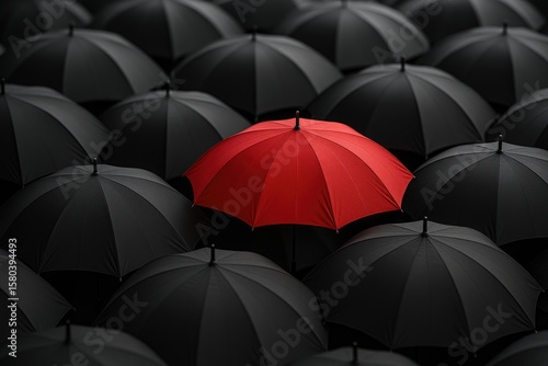 A striking red umbrella amidst a sea of blackness