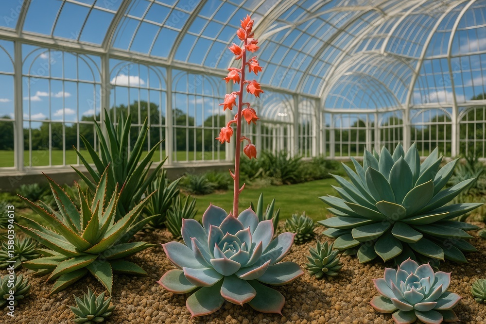 Obraz premium Indoor succulent garden with lush grass and clear blue sky overhead