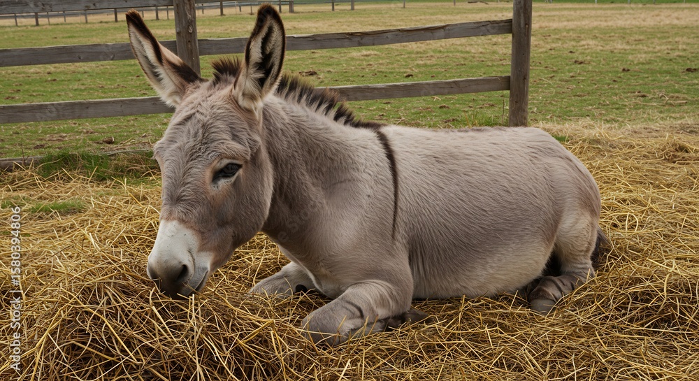 Fototapeta premium 穏やかな日光浴びるロバ、静かに干し草を食べる. AI Generated