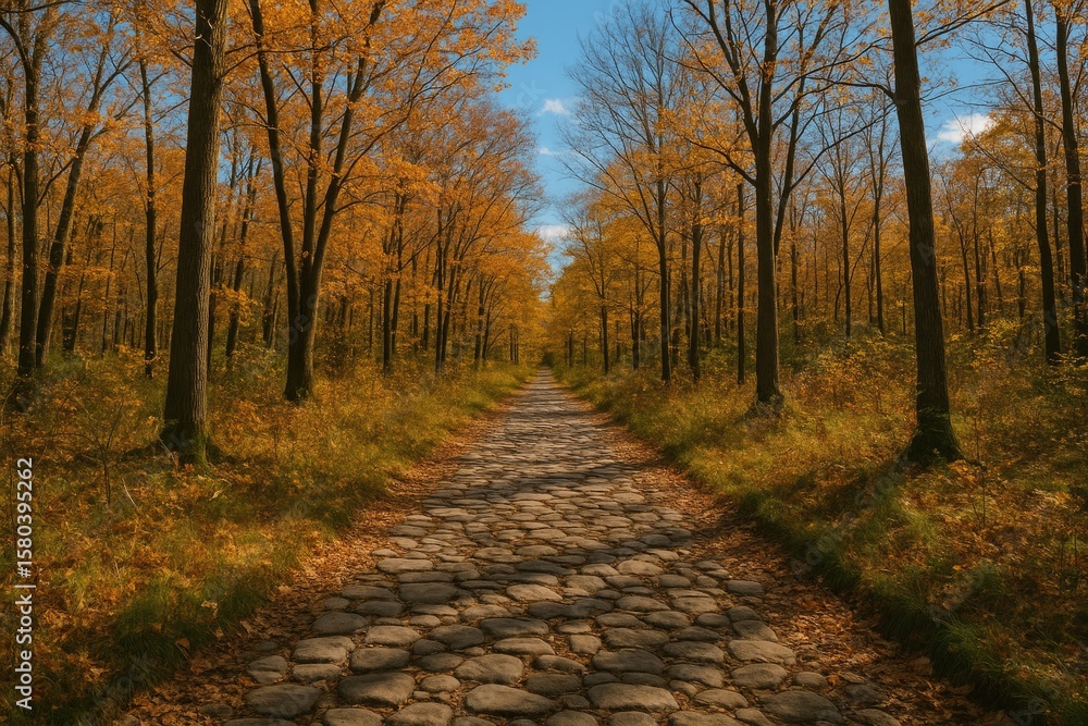 Obraz premium Woodland trail with stone paving under a clear blue sky