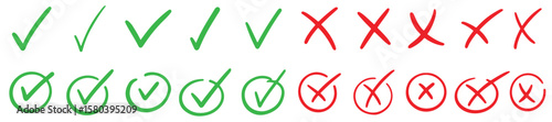 Check tick marks doodle set. Vote, yes, no, checkbox, checklist, tick and cross signs, v and x drawn concept. Hand drawn doodle sketch style vector illustration