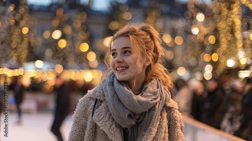Wallpaper Mural A young woman ice skating at sunset in the city center plaza, wearing a fashionable coat and scarf, twinkling Christmas market lights behind Torontodigital.ca
