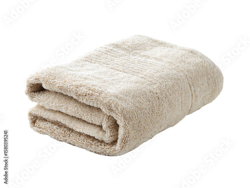 Soft, folded beige towel on a white background.