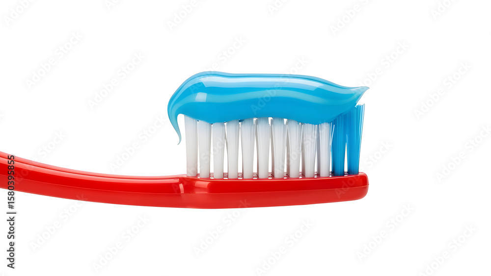 A vibrant red toothbrush topped with a swirl of bright blue toothpaste ready for oral hygiene and dental care. A vibrant red toothbrush topped with a swirl of bright blue toothpaste ready for oral hygiene and dental care.
