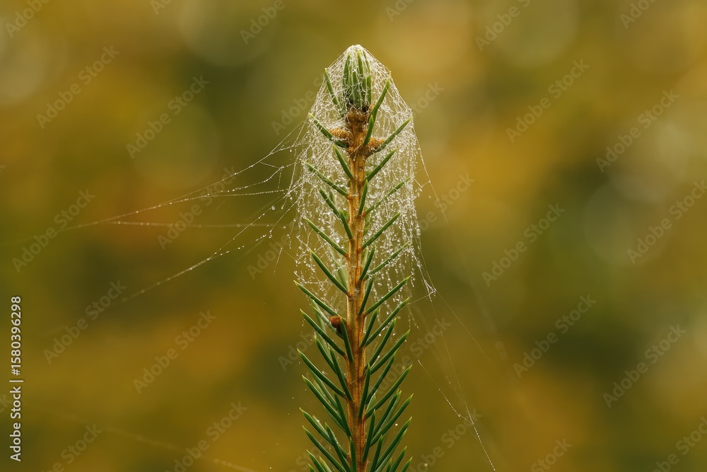 Fototapeta premium Close-up of a pine spruce branch adorned with delicate spider webs and dew drops against a soft bokeh backdrop