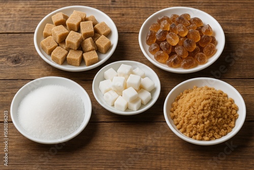 Assorted white and brown sugars displayed on ceramic plates atop a vintage wooden surface