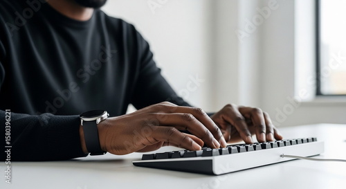Closeup man hands typing modern computer keyboard work