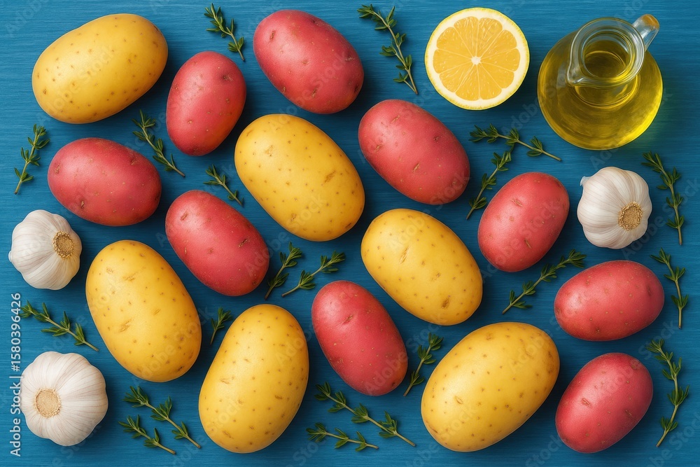 Vibrant yellow and red potatoes seasoned with herbs and citrus on a rustic wooden surface Vibrant yellow and red potatoes seasoned with herbs and citrus on a rustic wooden surface