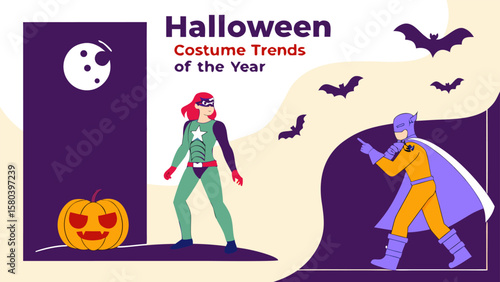 Halloween costume trends of the year featuring superhero characters flying bats a carved pumpkin and a full moon in a stylized flat design illustration