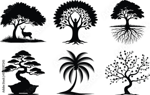 Assorted tree silhouette vector set with pine, willow, palm, bonsai, and stylized tree icons for nature and forest