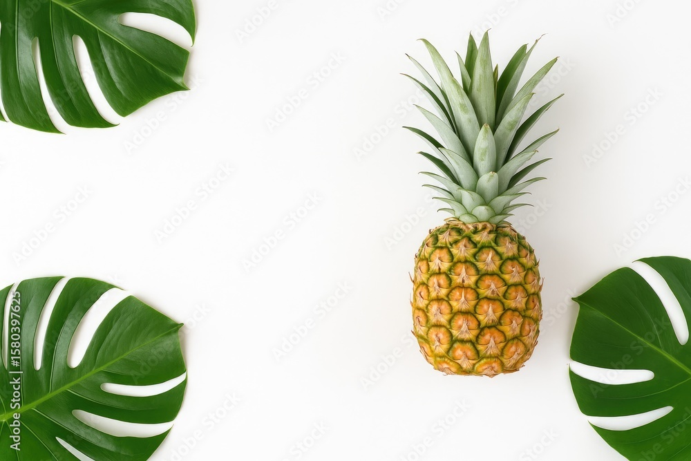 Fototapeta premium Summer themed mockup featuring pineapple and foliage on a white background from a top perspective