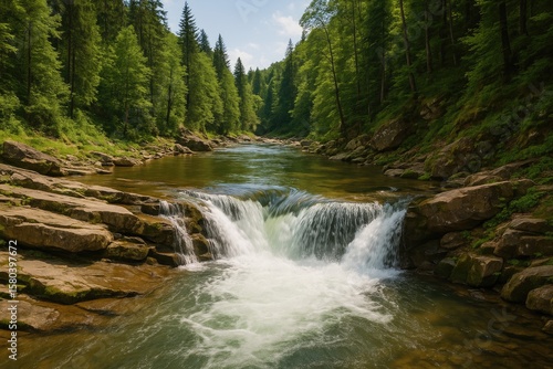 Scenic view of a river close to a waterfall within a national park in Western Ukraine