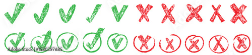 Check tick marks doodle set. Vote, yes, no, checkbox, checklist, tick and cross signs, v and x drawn concept. Hand drawn crayon doodle sketch style vector illustration
