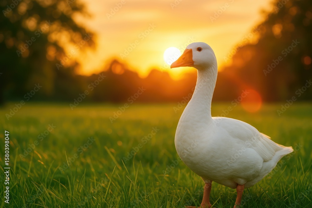 Elegant white goose against a sunset backdrop in a tropical paradise with a radiant glow Elegant white goose against a sunset backdrop in a tropical paradise with a radiant glow