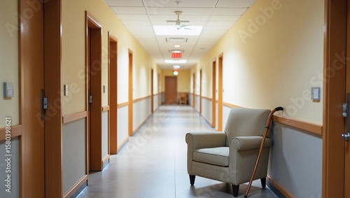 Empty nursing home hallway with one chair and cane