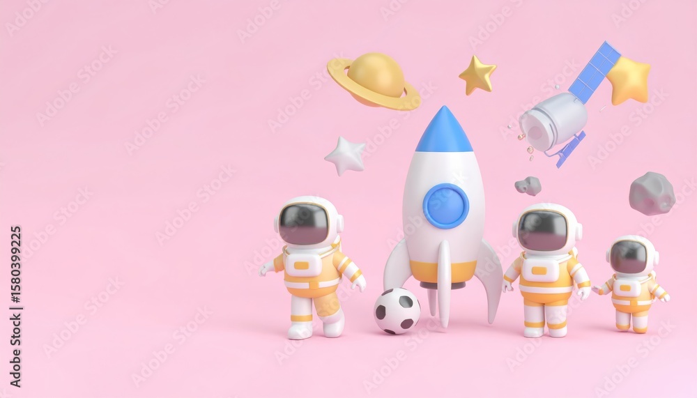 Obraz premium 3D of a cartoon UFO gracefully flying through the night sky, adorned with stars and a crescent moon, capturing the wonder of space for a child