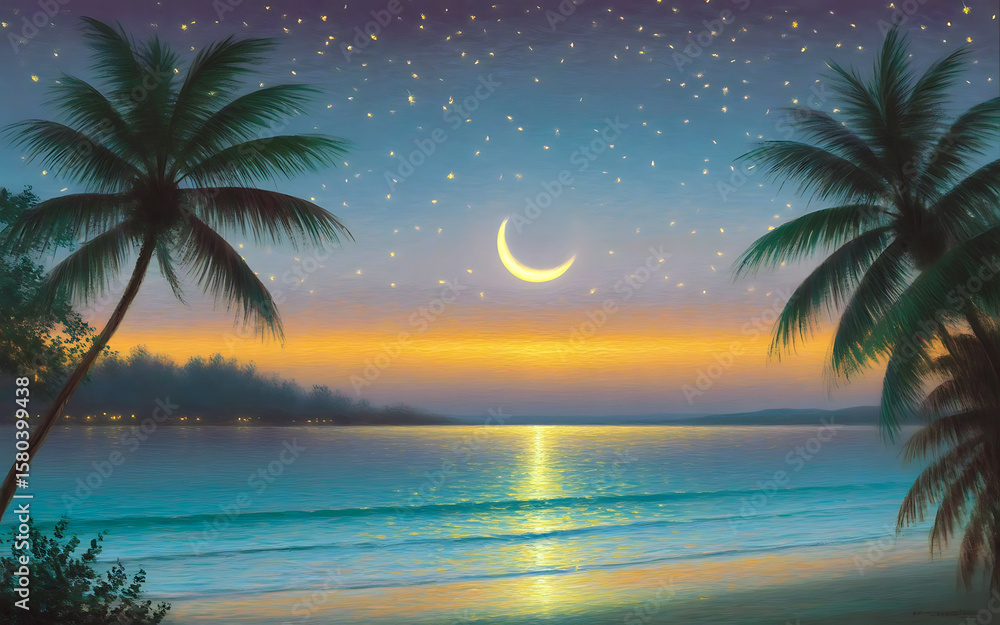 Obraz premium Crescent moon over ocean at twilight with palm trees