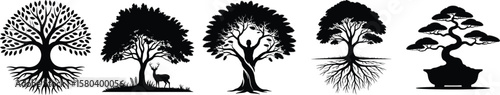 Vector tree silhouette set with pine, willow, palm, bonsai, and decorative tree icons for nature and forest design
